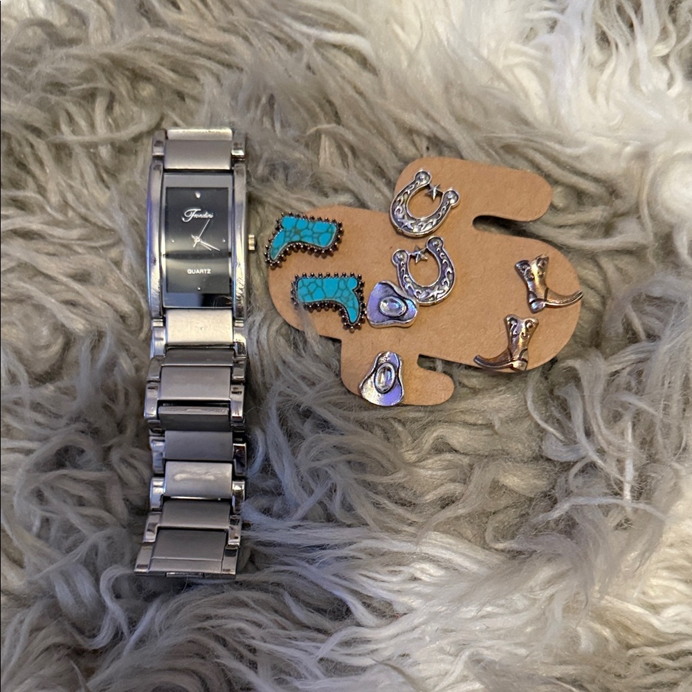 Silver Watch and Earring Set
